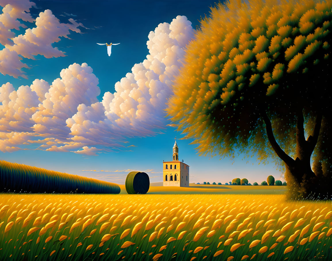 Scenic painting of golden wheat field with tree, church, clouds, and bird