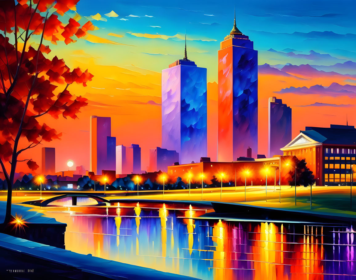 Colorful Sunset Cityscape with Skyscrapers, Water Reflections, Trees, and Lit Bridge