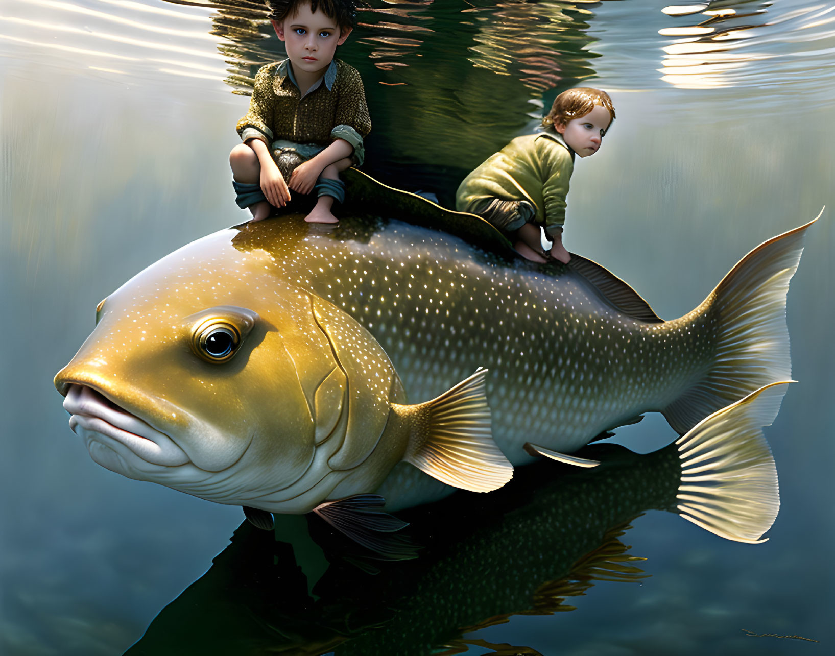 Children sitting on large fish in whimsical scene