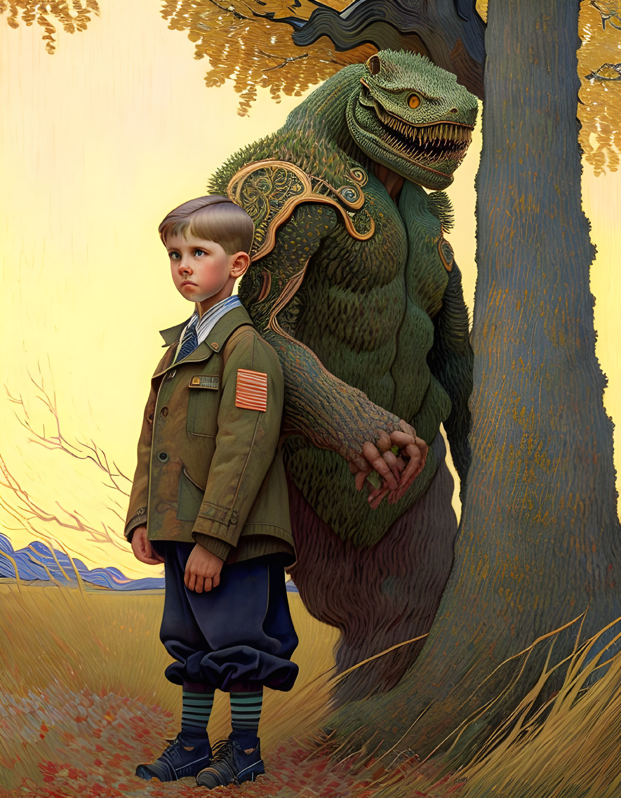 Young boy in scout uniform with friendly reptilian creature by tree