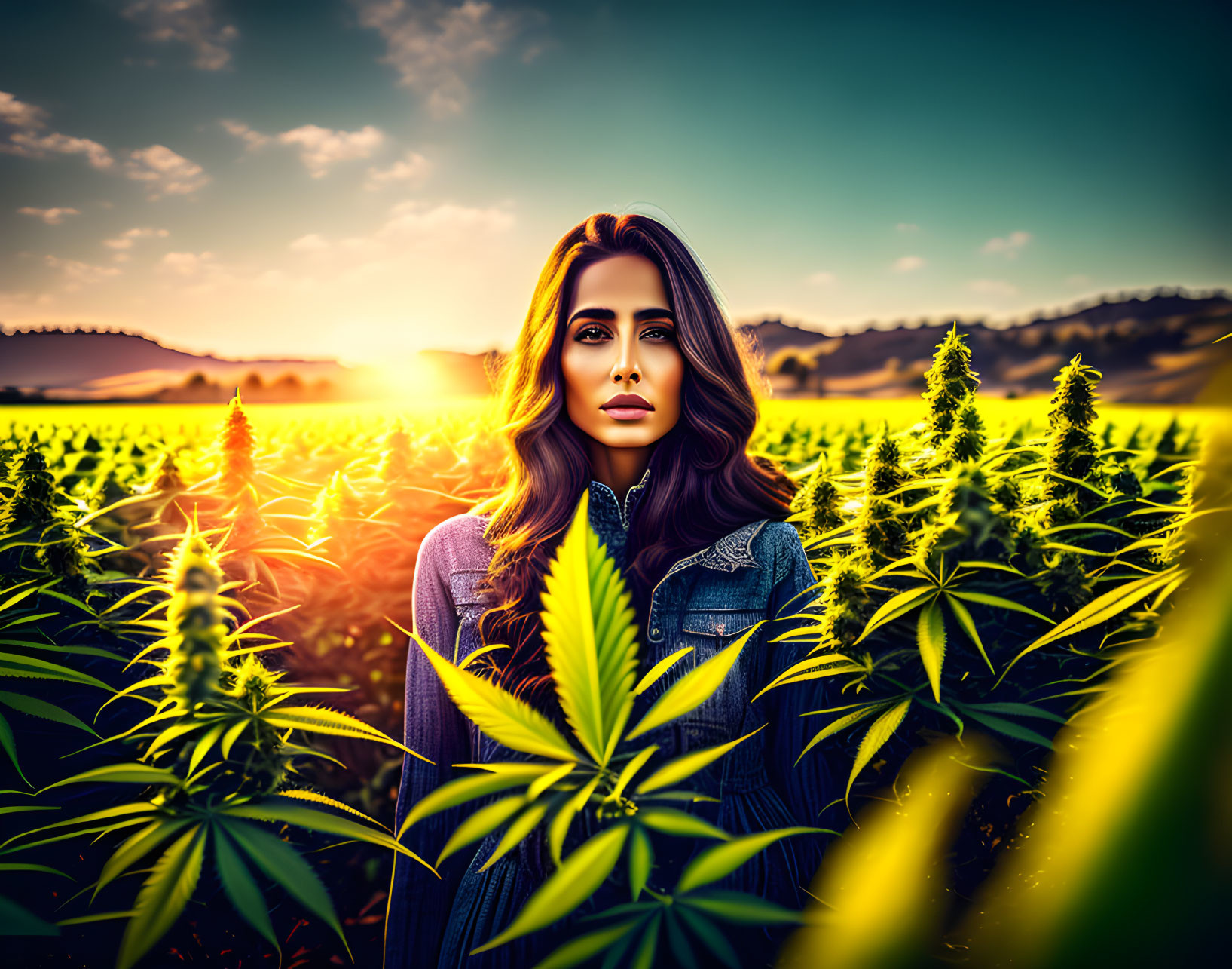 Woman in Cannabis Field at Sunset: Vibrant Greens & Warm Sunlight