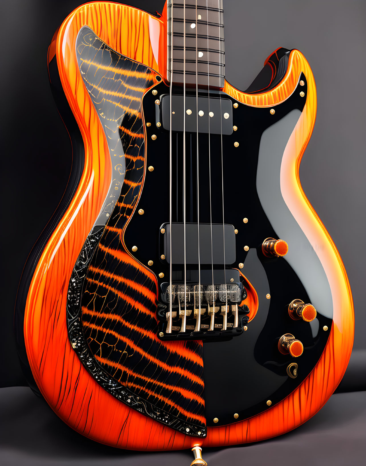 Orange and Black Striped Electric Guitar with Glossy Finish