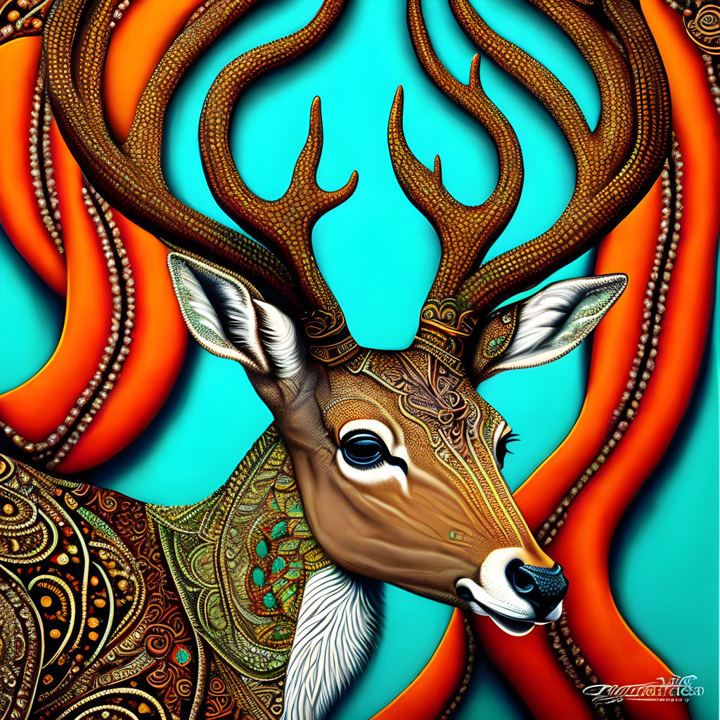 Stylized deer with ornate patterns on face and antlers in blue and orange background