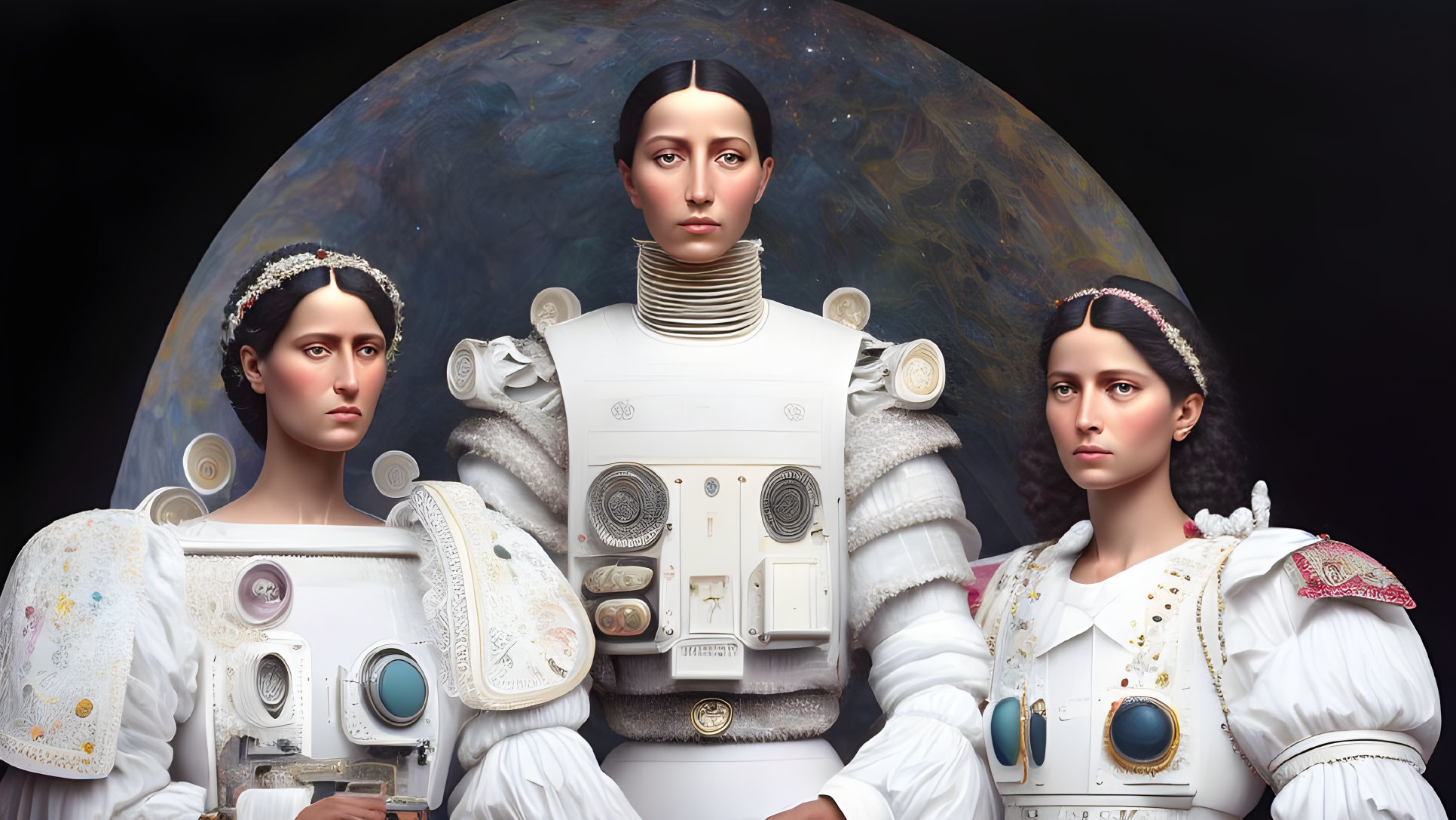 Futuristic royal portraits with intricate white clothing and celestial backdrop