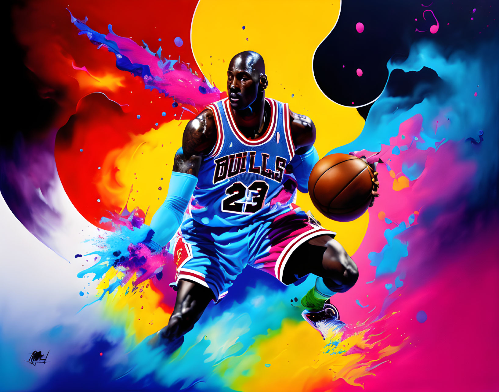 Colorful Basketball Player Artwork in Bulls Jersey #23 on Abstract Background