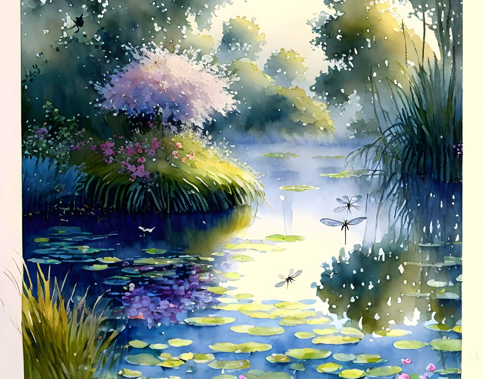 Tranquil watercolor painting of serene pond with lily pads, dragonflies, and lush flora