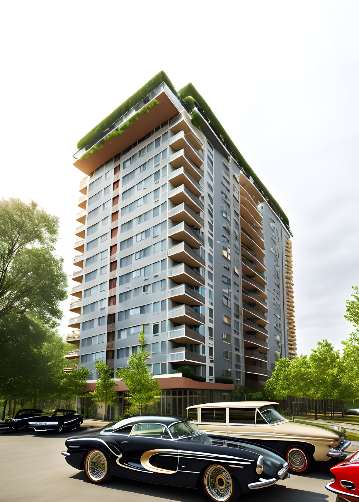 Urban high-rise with balconies, green rooftop, trees, and vintage cars.