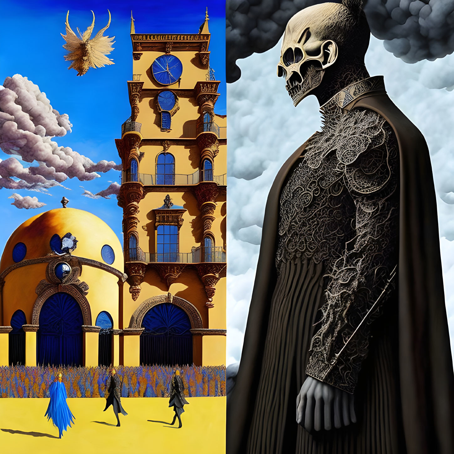 Split composition: surreal landscape & skull-headed figure in ornate coat against cloudy sky