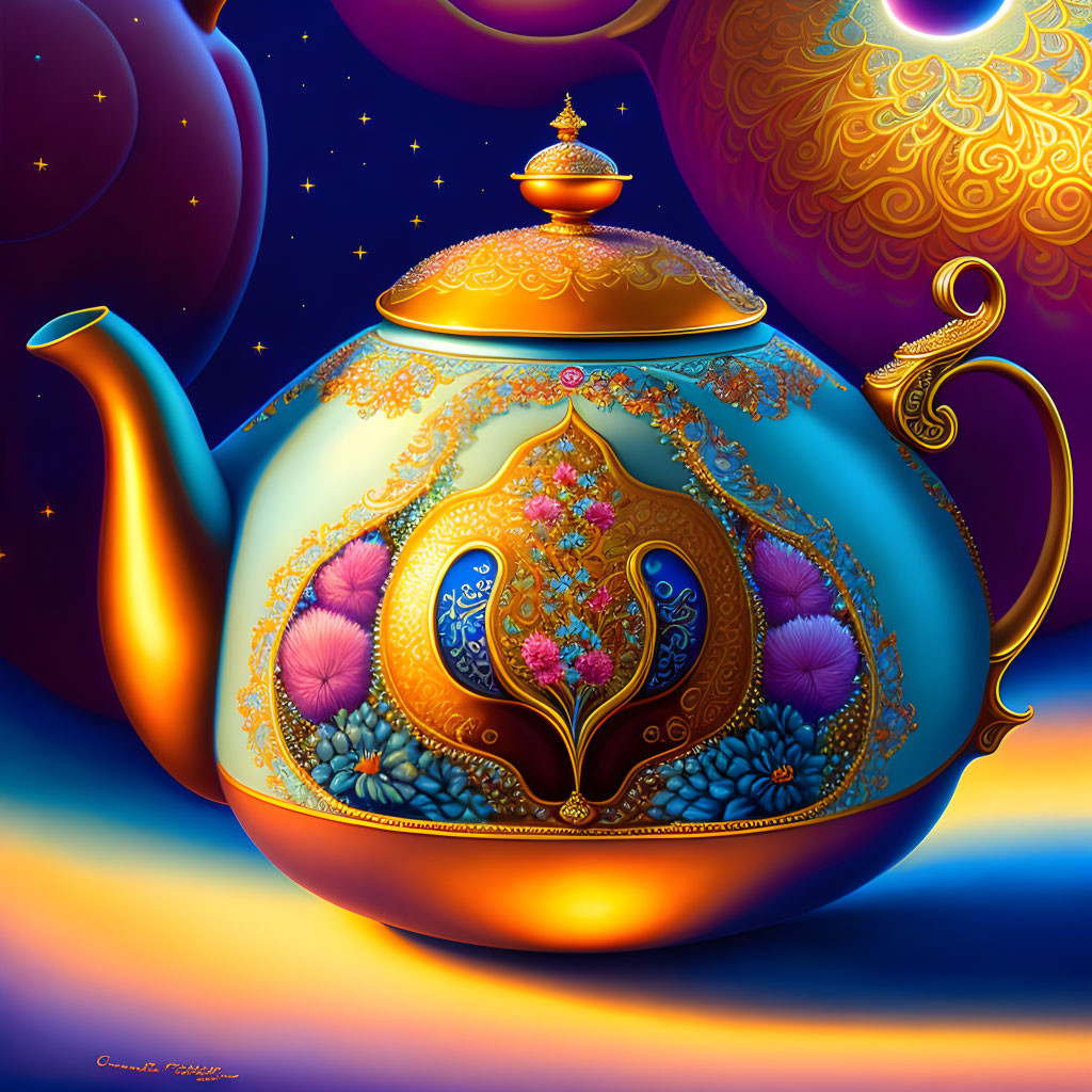 Colorful Teapot Illustration with Gold and Floral Designs on Cosmic Background