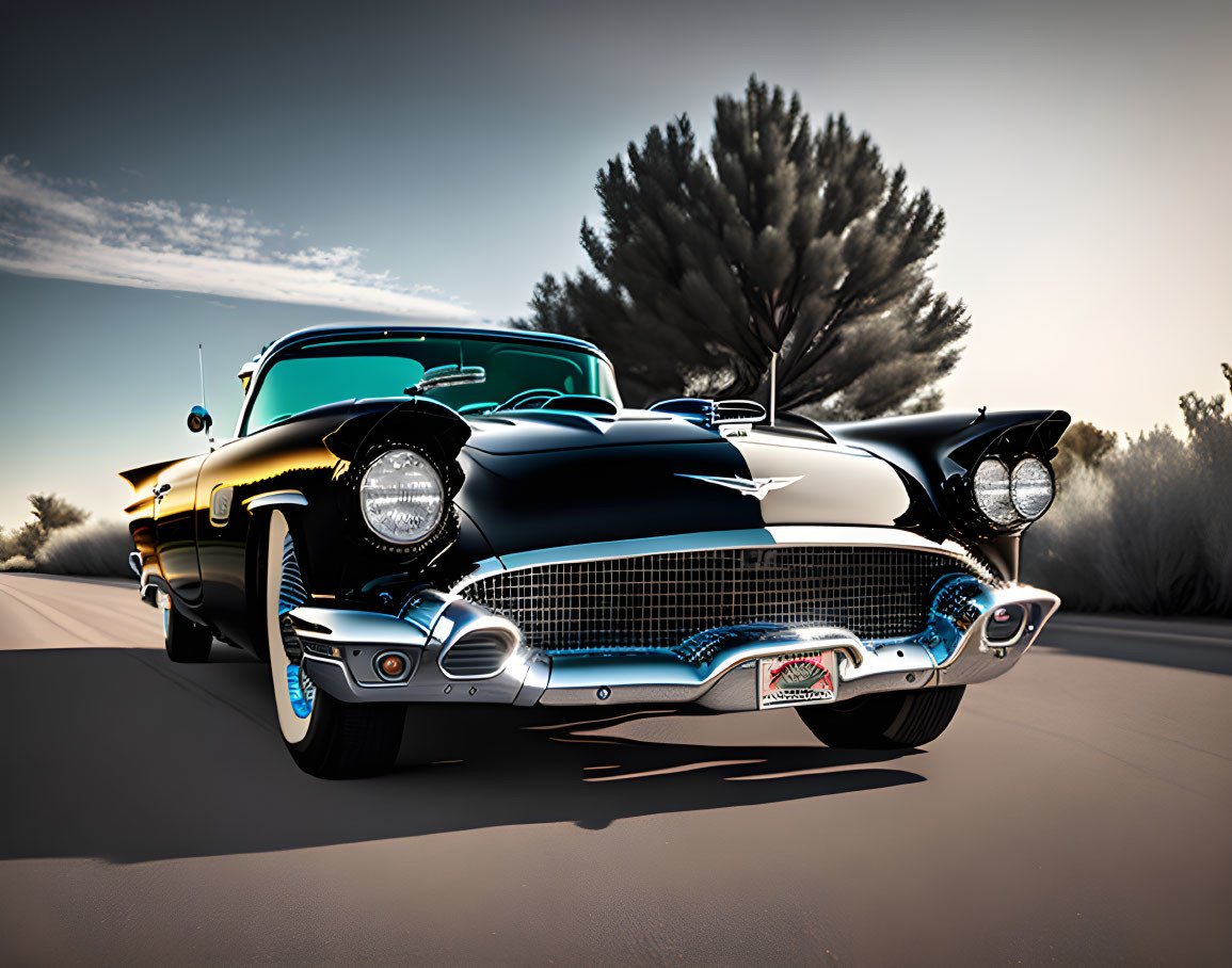 Vintage Black Car with Tailfins and Chrome Detailing on Road