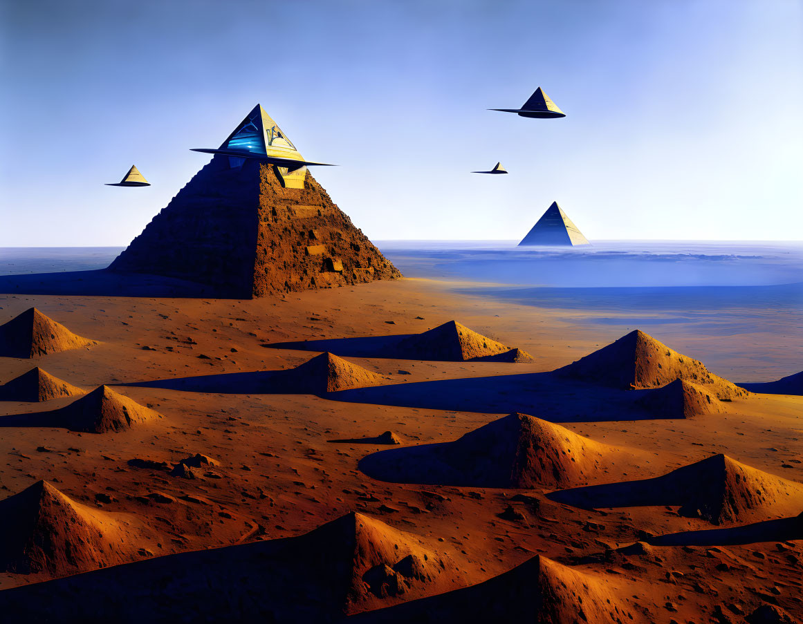 Surreal landscape with pyramids and floating objects in desert sky