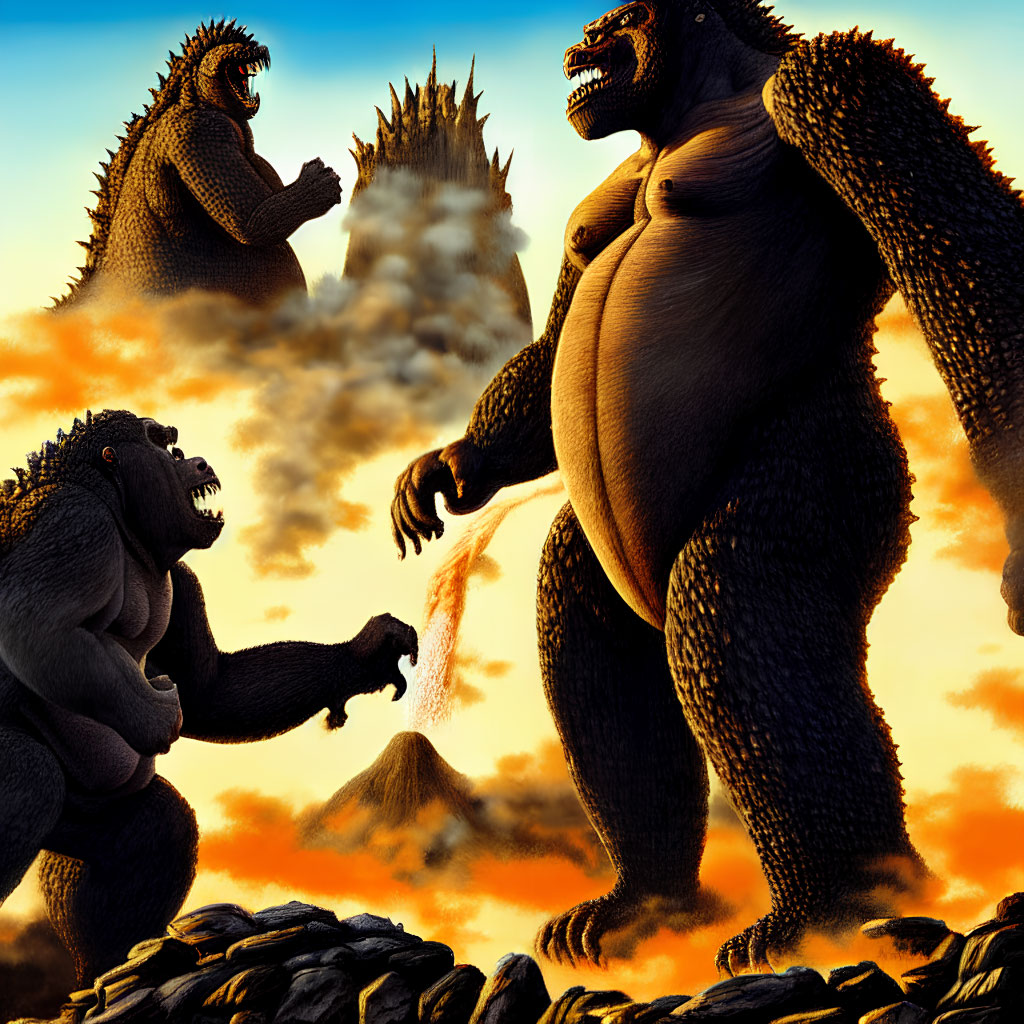 Three large apes in volcanic landscape with fire and spikes