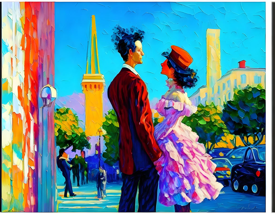 Colorful painting of vintage couple on vibrant street