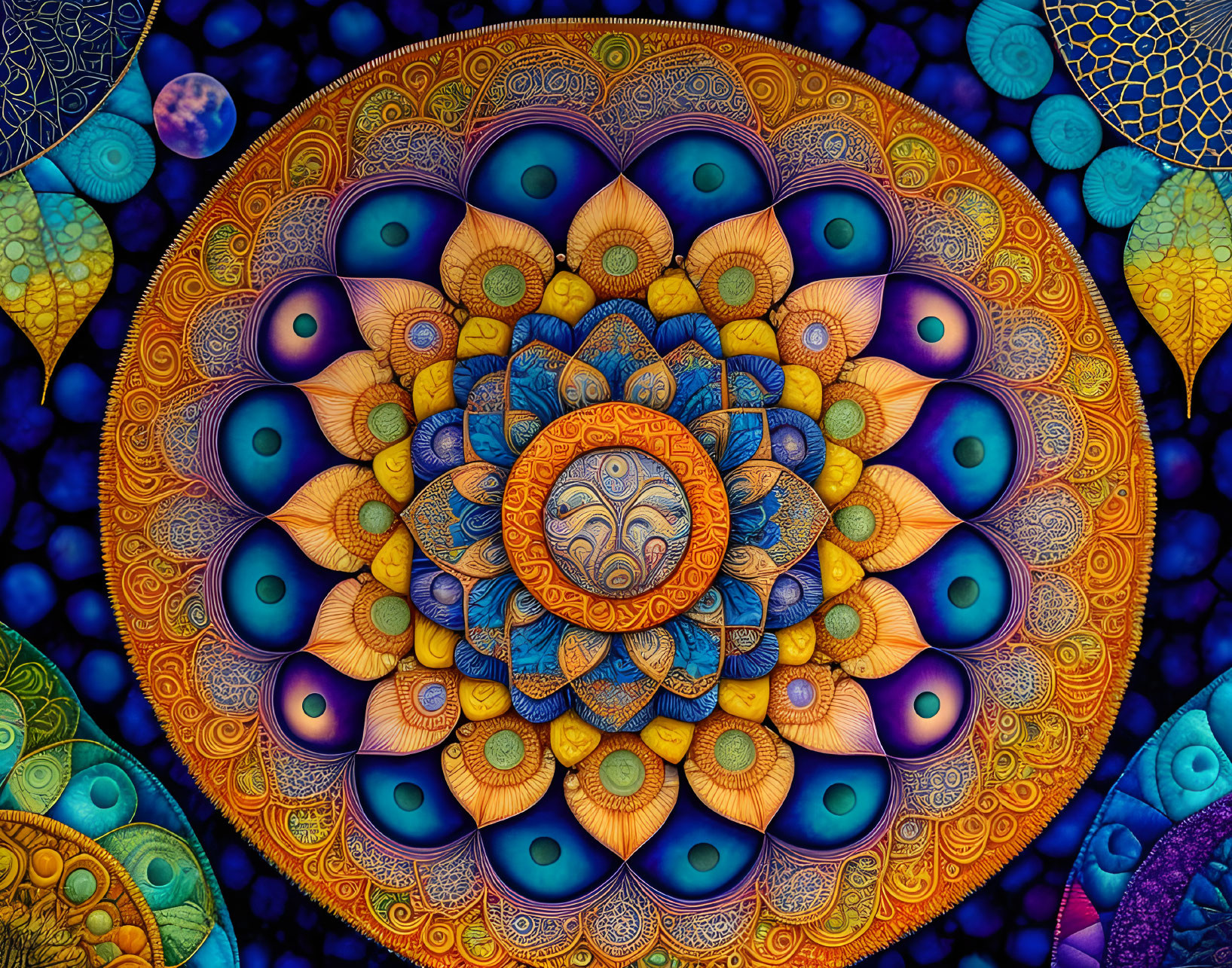 Colorful Mandala with Serene Face and Celestial Motifs