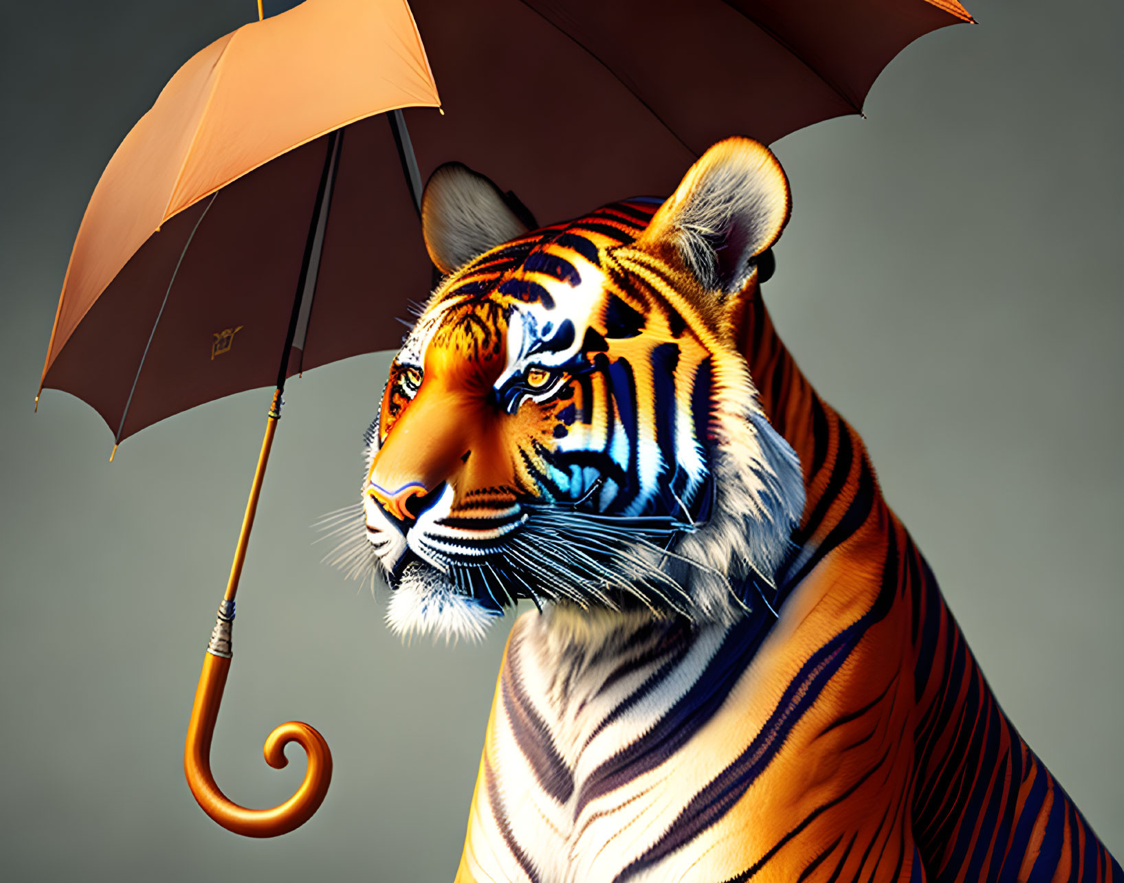 Vivid tiger digital art with umbrella on grey background