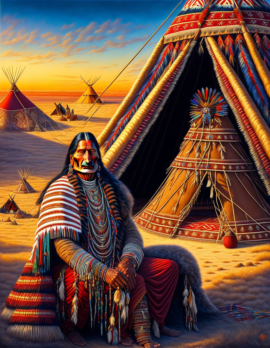 Native American in traditional attire by teepees at sunset on prairie