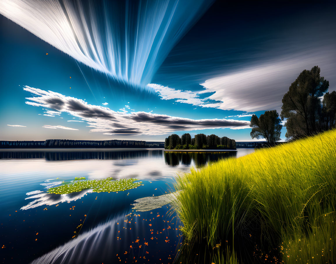 Serene landscape with vibrant grass, calm lake, and row of trees