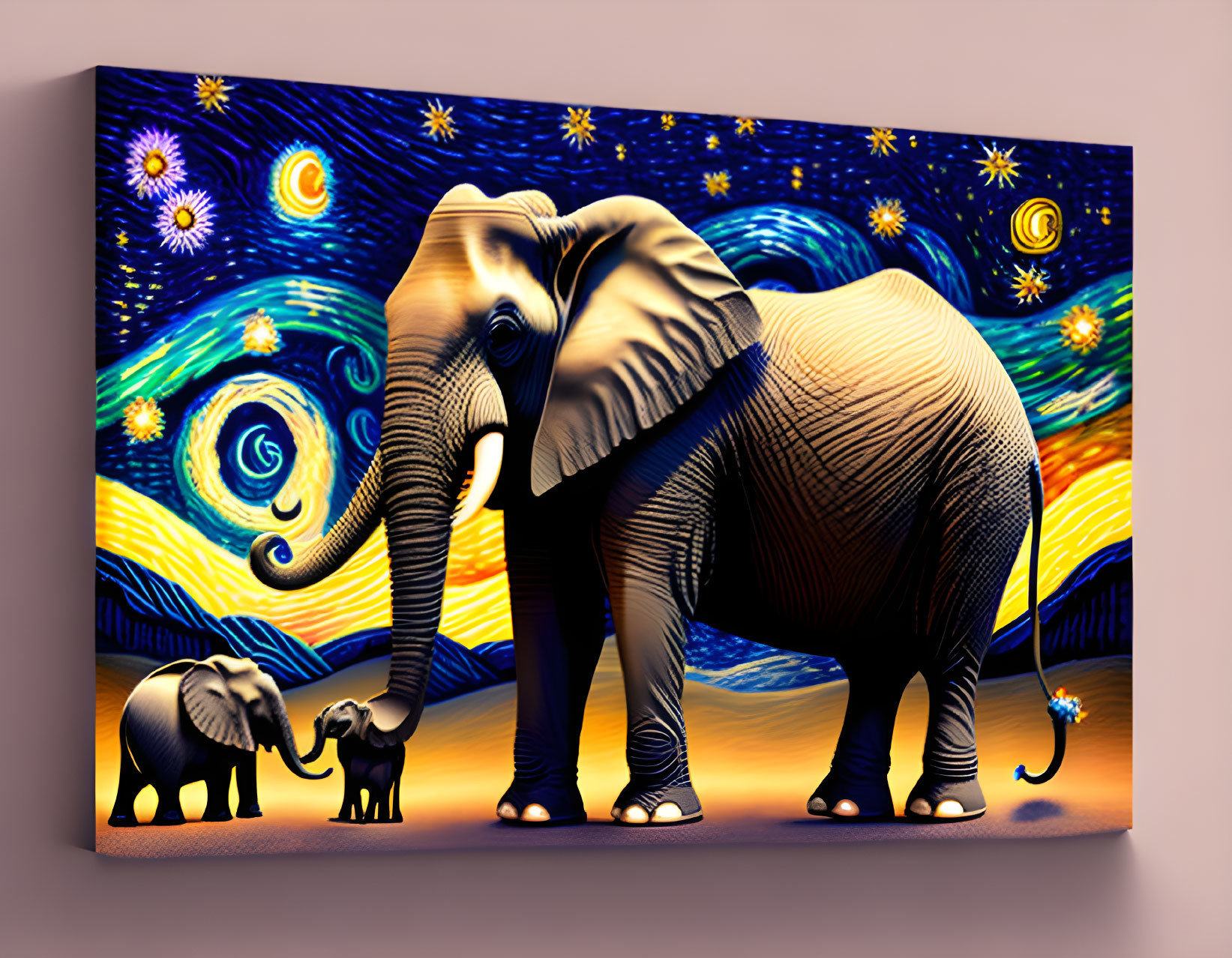 Adult elephant and calf in a starry night setting on canvas