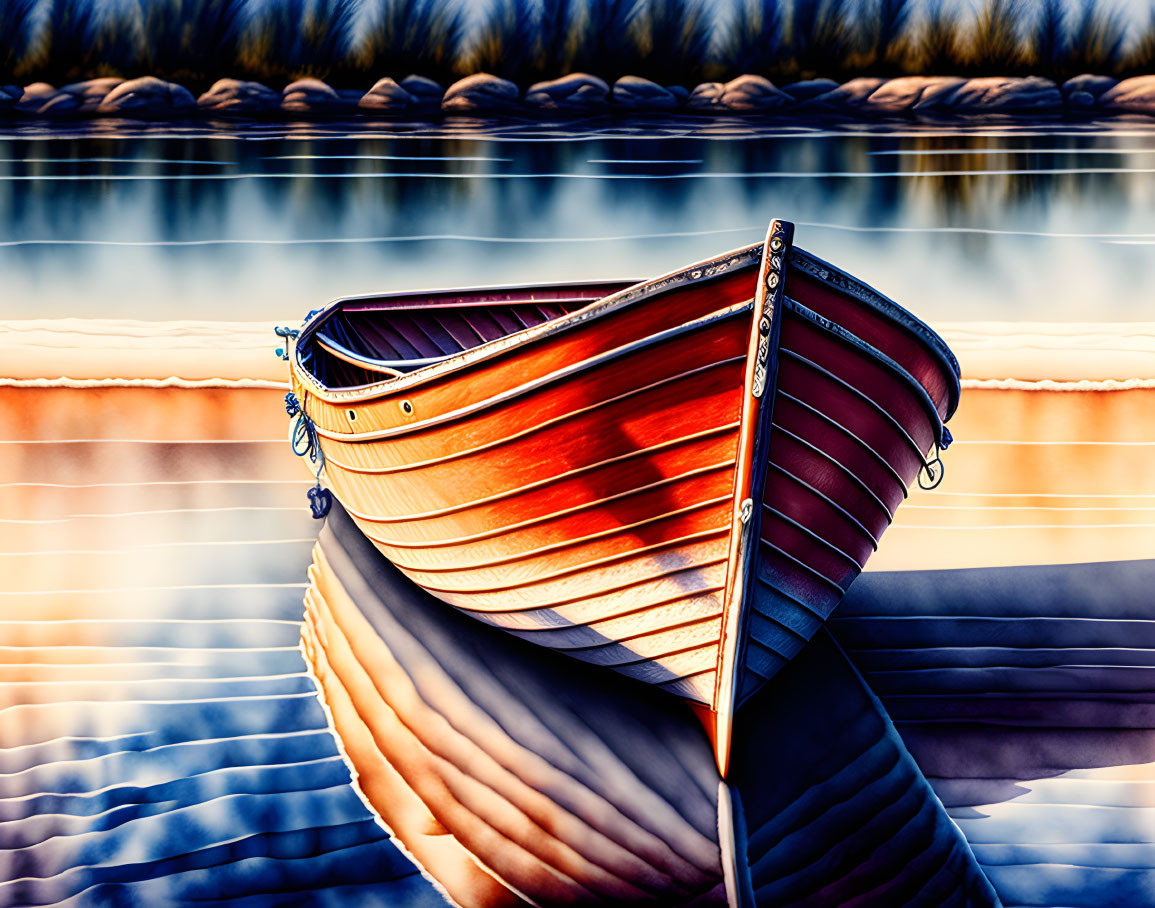 Tranquil sunset scene with wooden rowboat on calm water