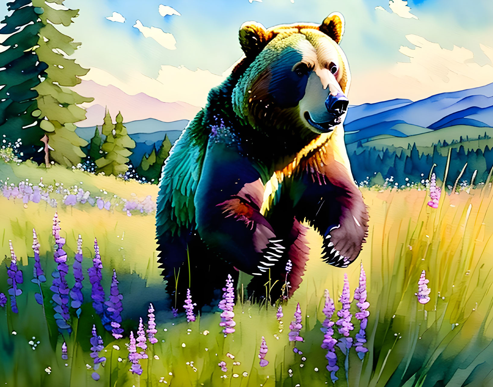 Colorful Bear Illustration in Meadow with Purple Flowers & Sunny Sky