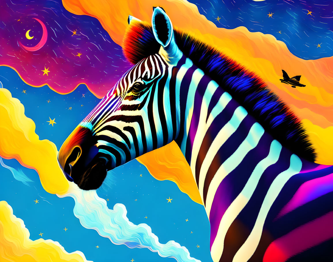 Colorful Zebra Illustration with Surreal Sky Background