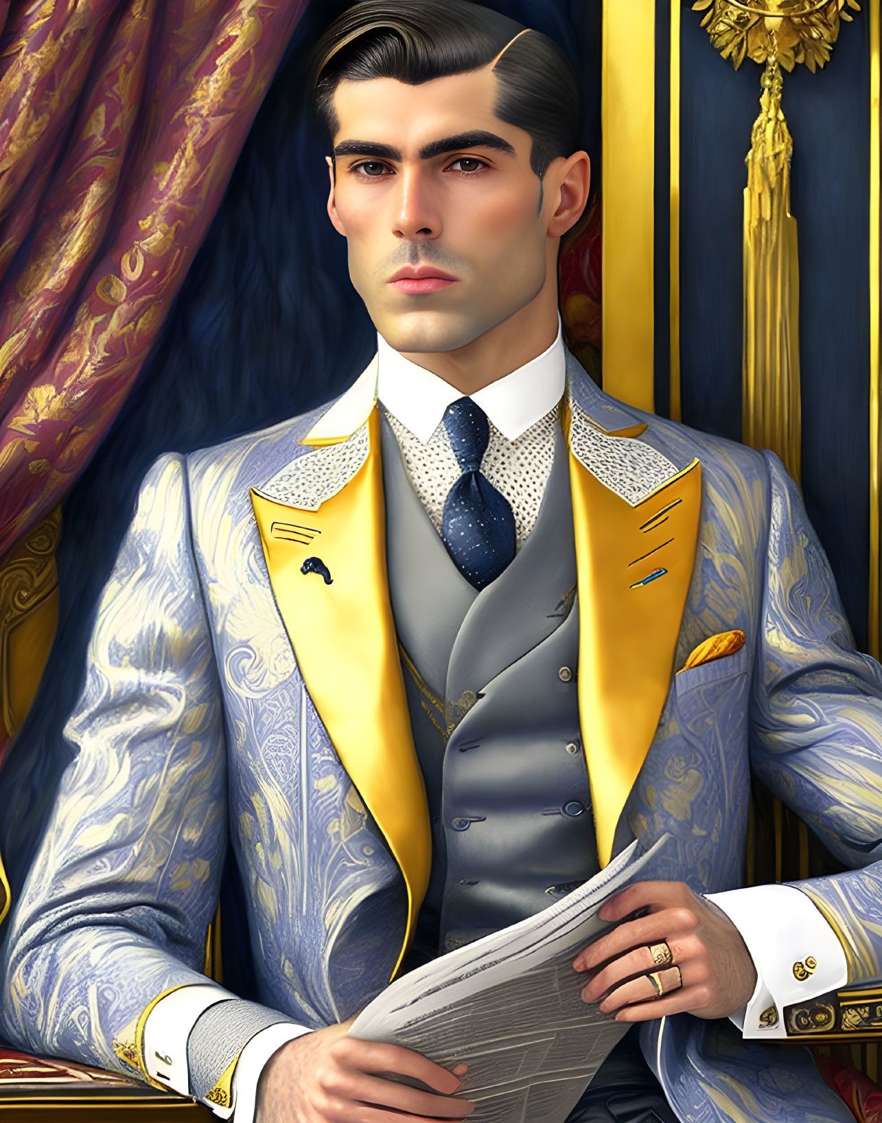 Digital portrait of man in grey suit with yellow waistcoat, holding newspaper