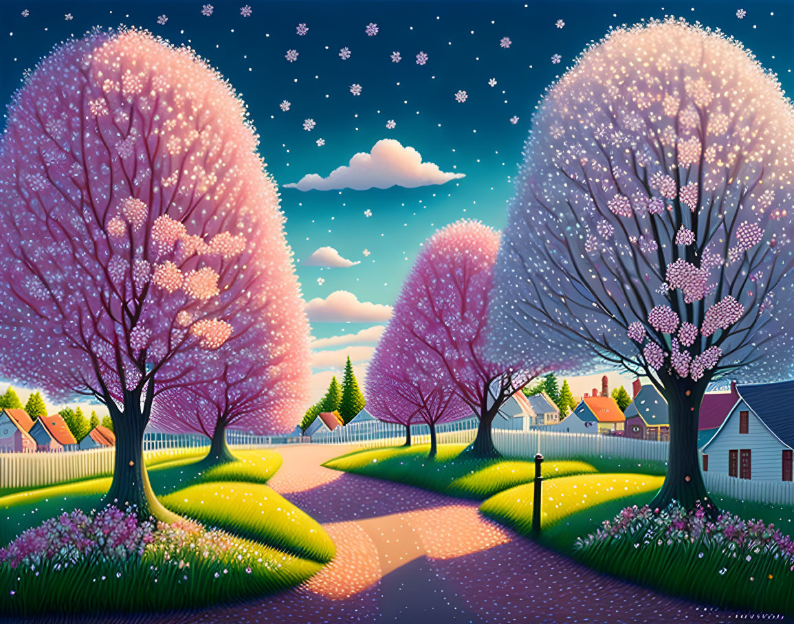 Whimsical pathway with pink blossoming trees under a starry sky