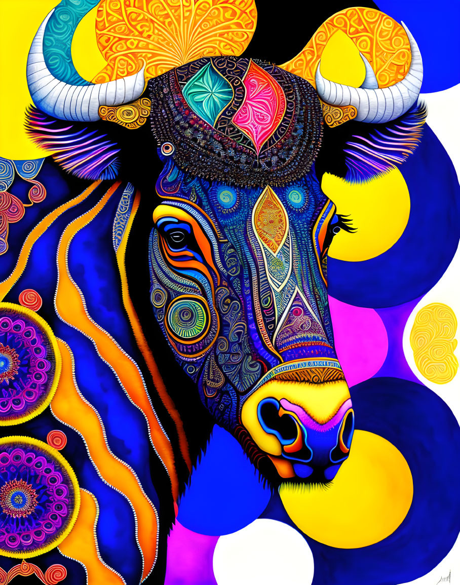 Colorful Bull Illustration with Psychedelic Patterns on Yellow and Blue Circles