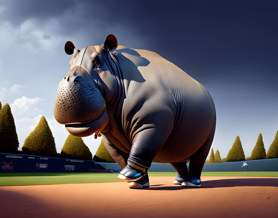 Anthropomorphic Hippopotamus Playing Baseball on Field under Clear Sky