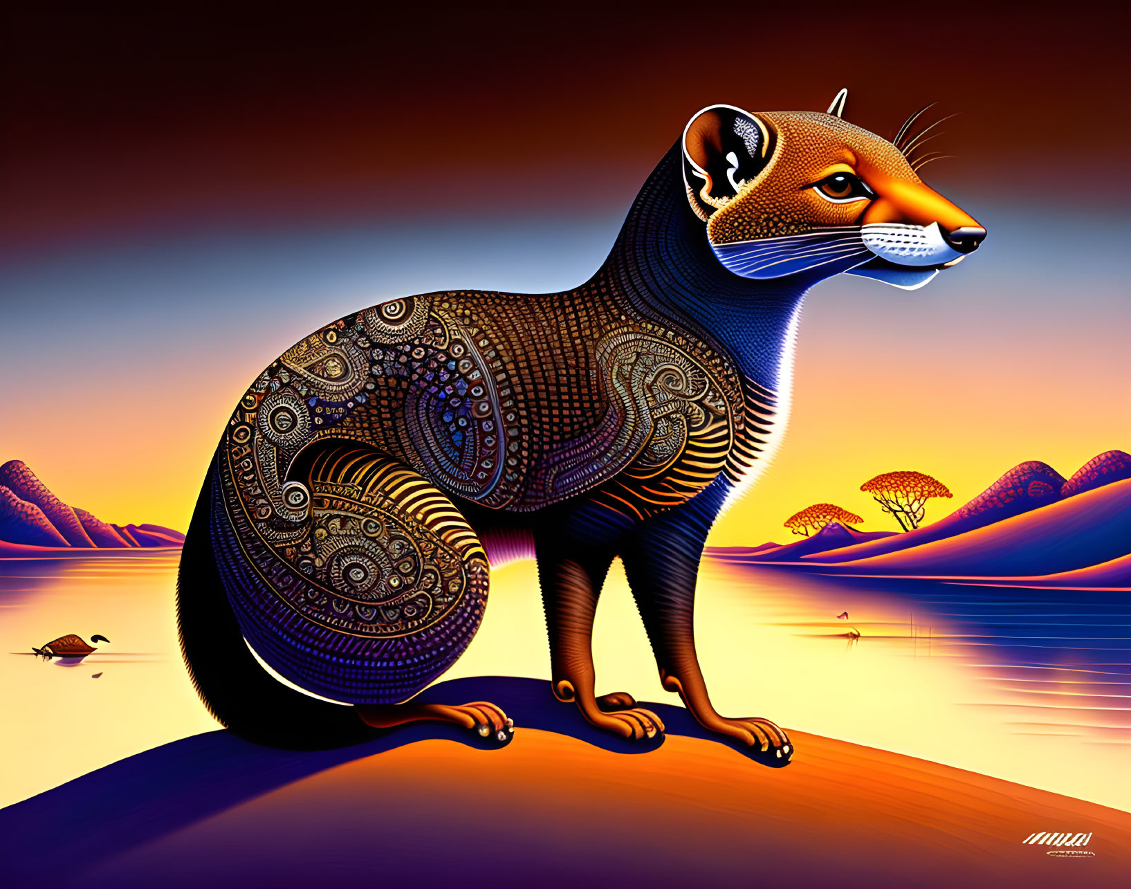 Stylized mongoose illustration with intricate patterns on body against colorful African sunset backdrop