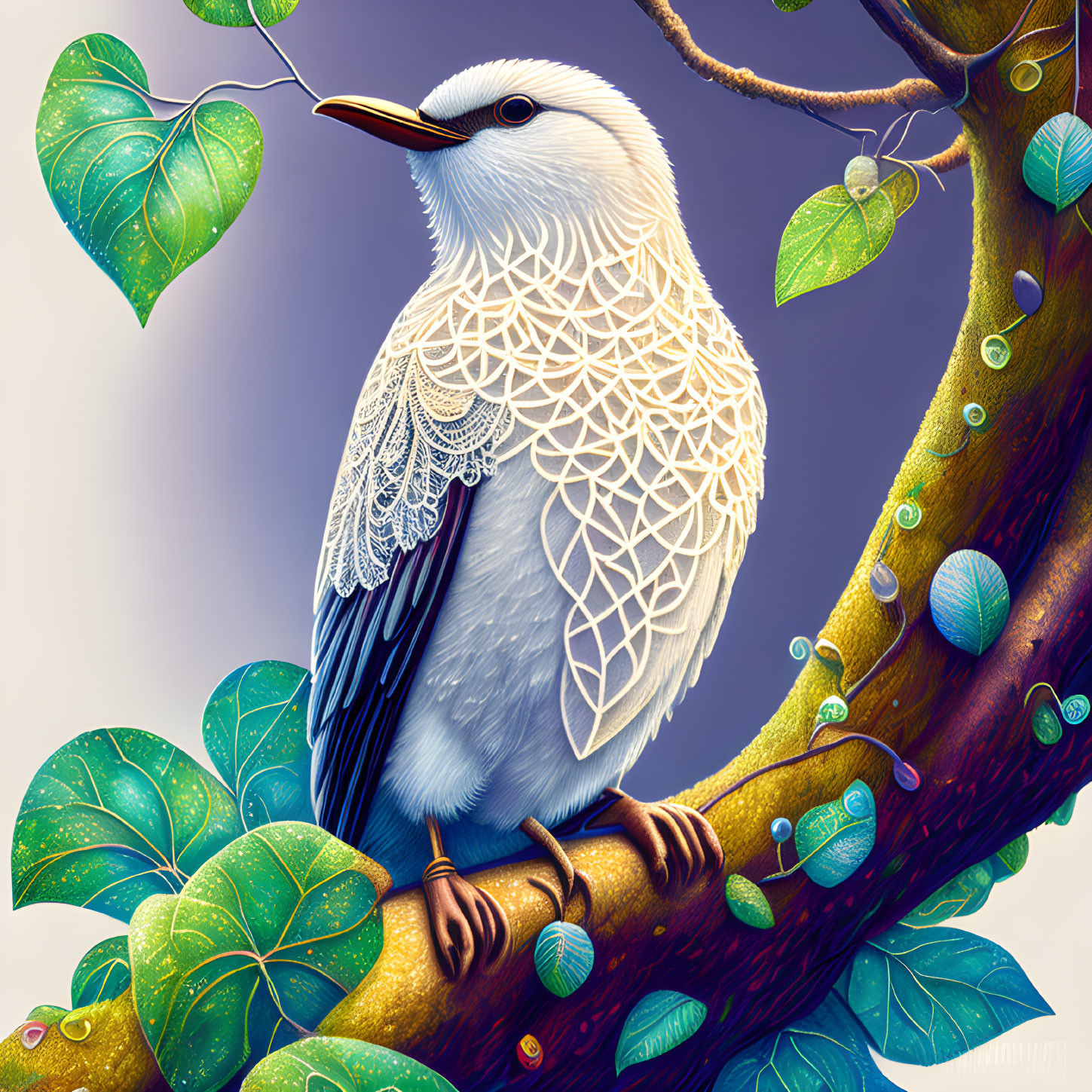 Stylized bird illustration with lace-like white feathers on branch with green leaves.