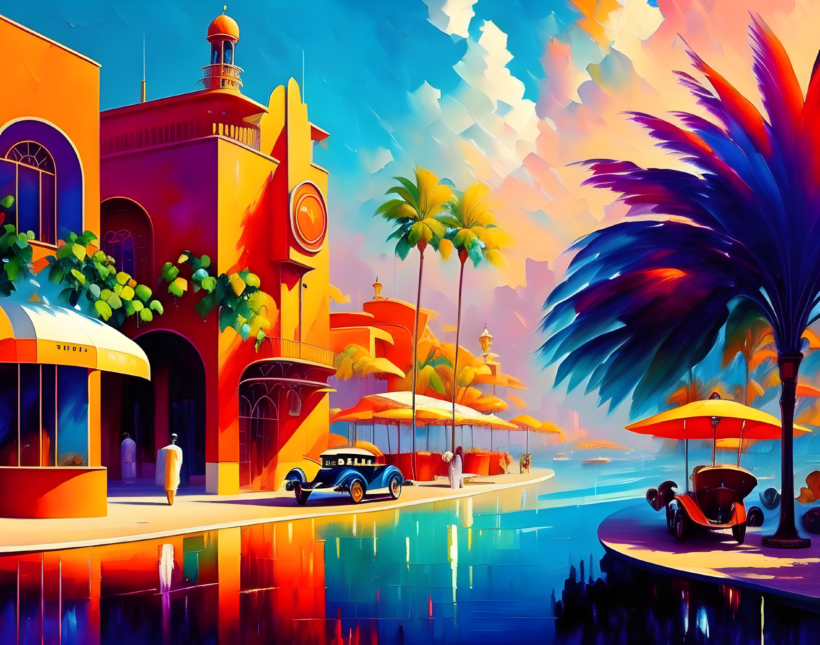 Colorful Coastal Street Scene with Palm Trees and Classic Cars