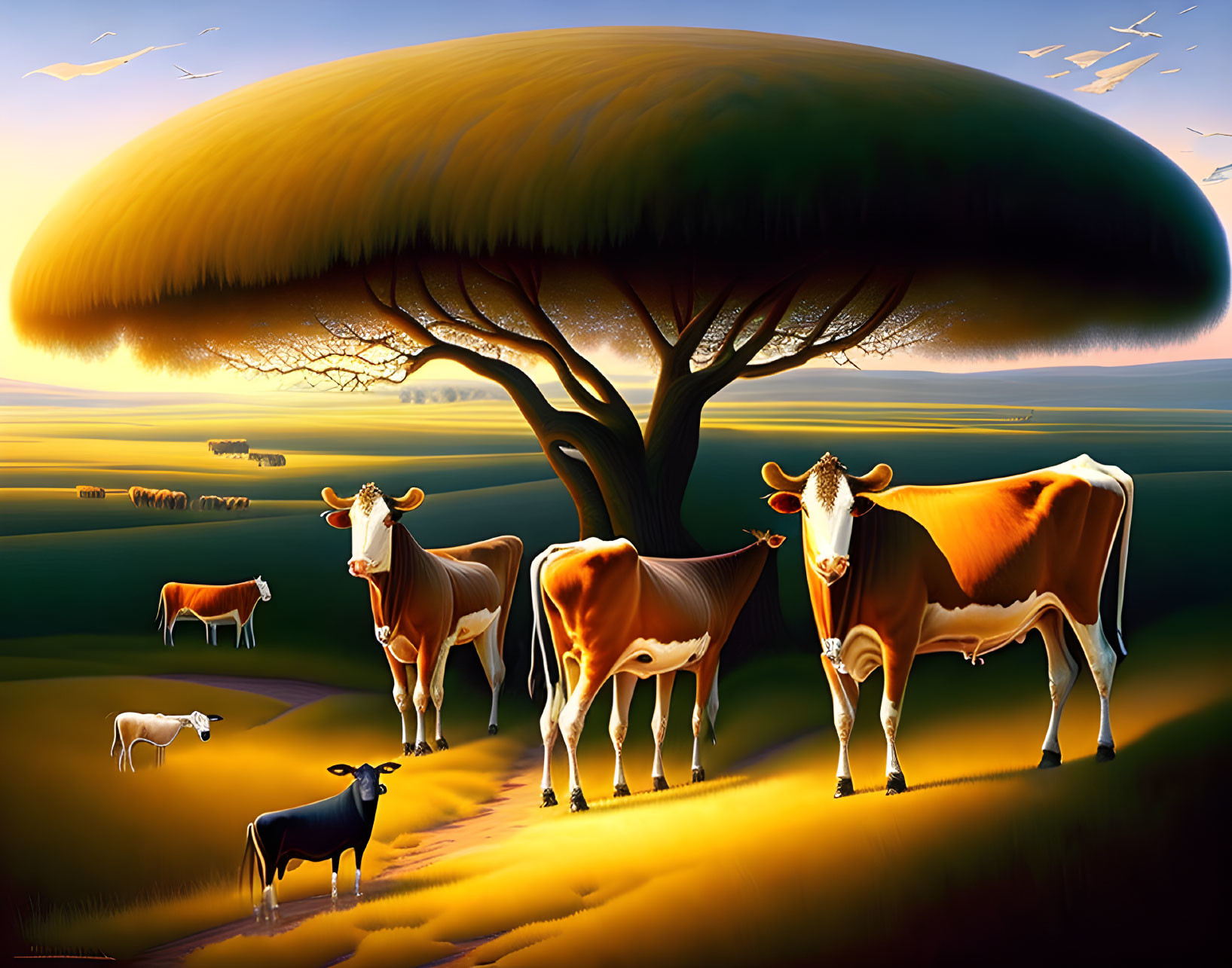 Colorful pastoral scene with oversized cows under a flat-canopied tree at sunset