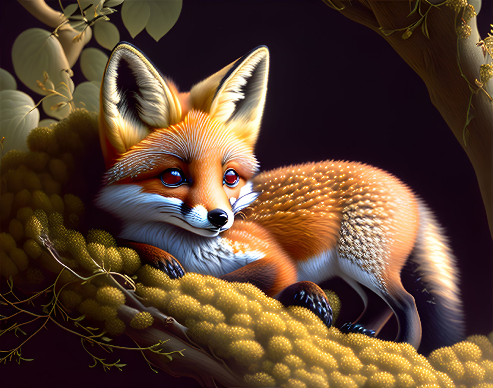 Detailed illustration: Fox with bright orange fur in lush greenery with intricate lighting.