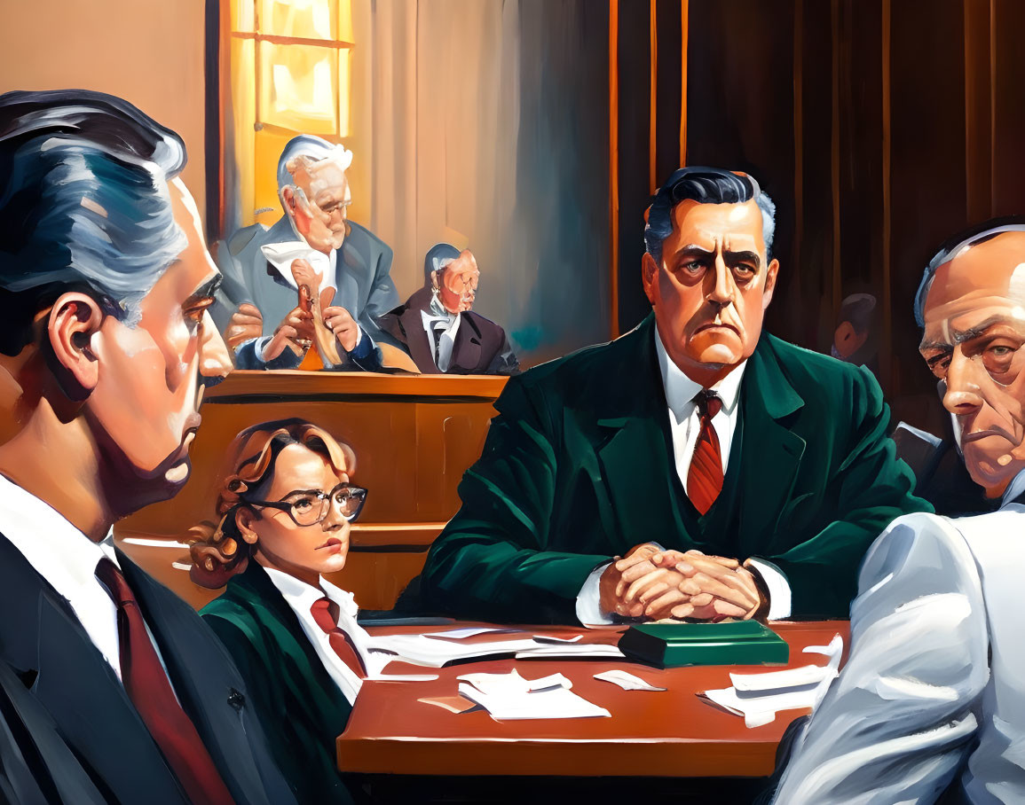 Courtroom Scene Illustration: Lawyers, Judge, Intense Expressions