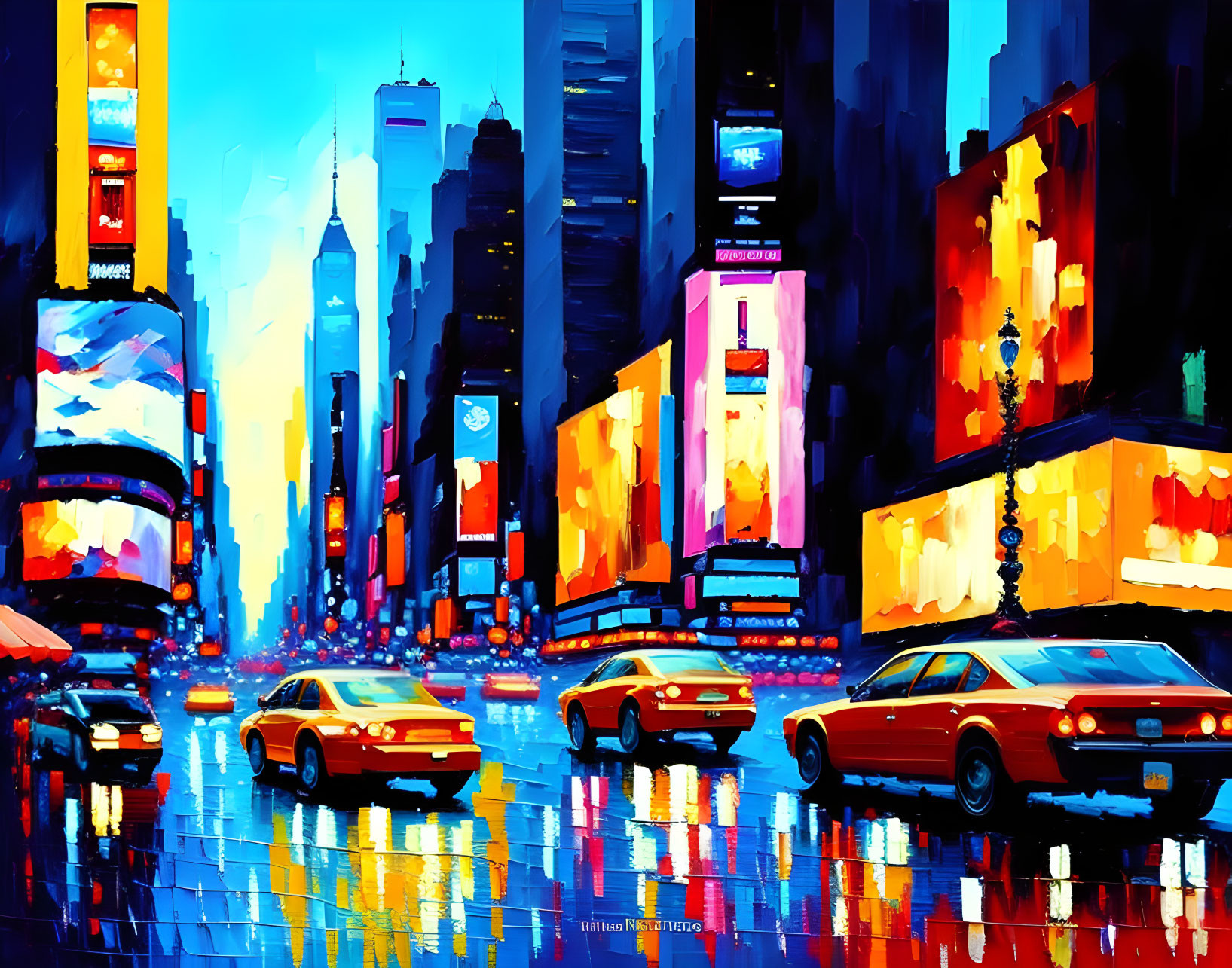 Colorful painting of bustling city street at night with skyscrapers, billboards, and classic cars