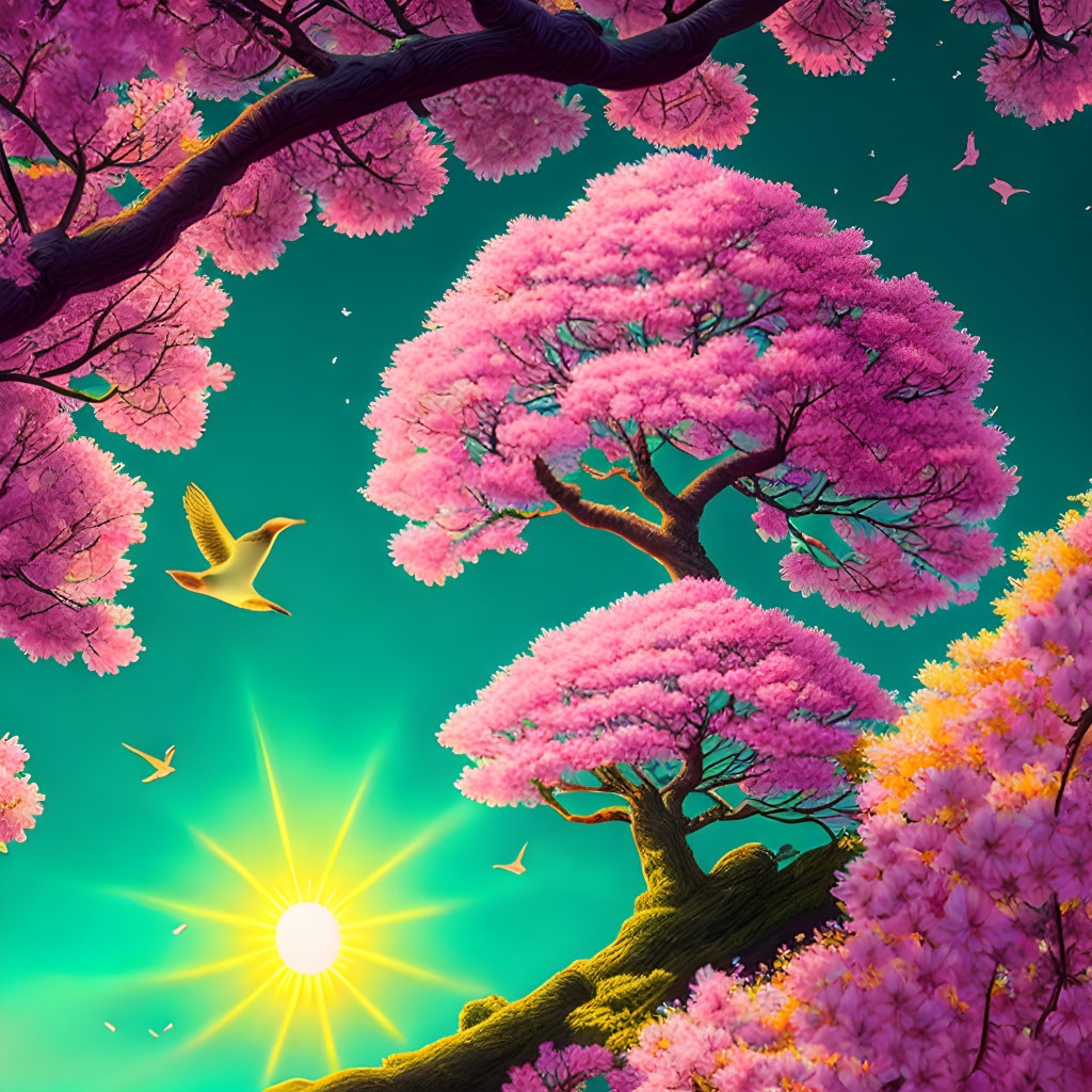 Beautiful Cherry Blossoms in Full Bloom with Sun and Birds in Teal Sky