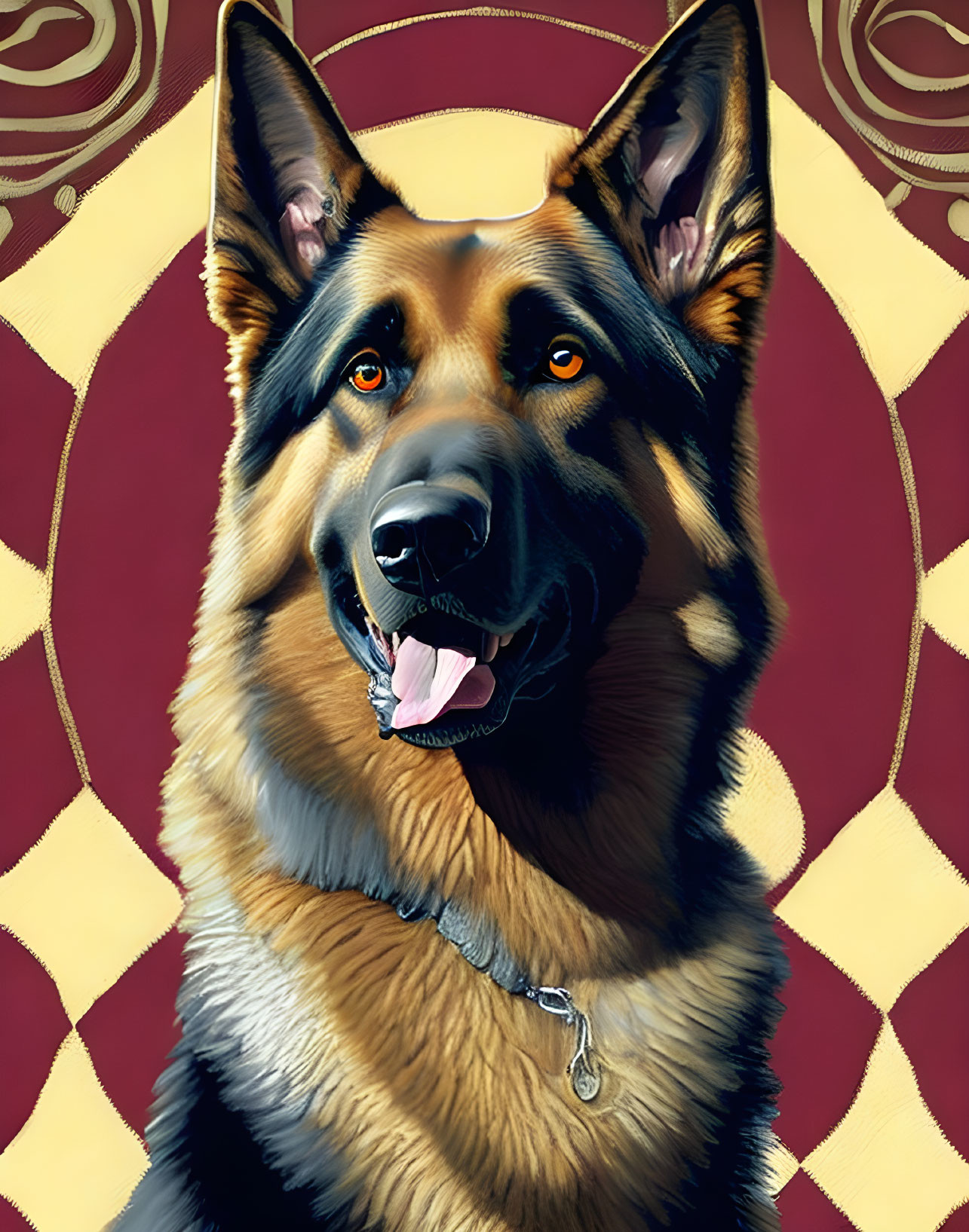 Smiling German Shepherd with Collar on Red and Gold Patterned Background