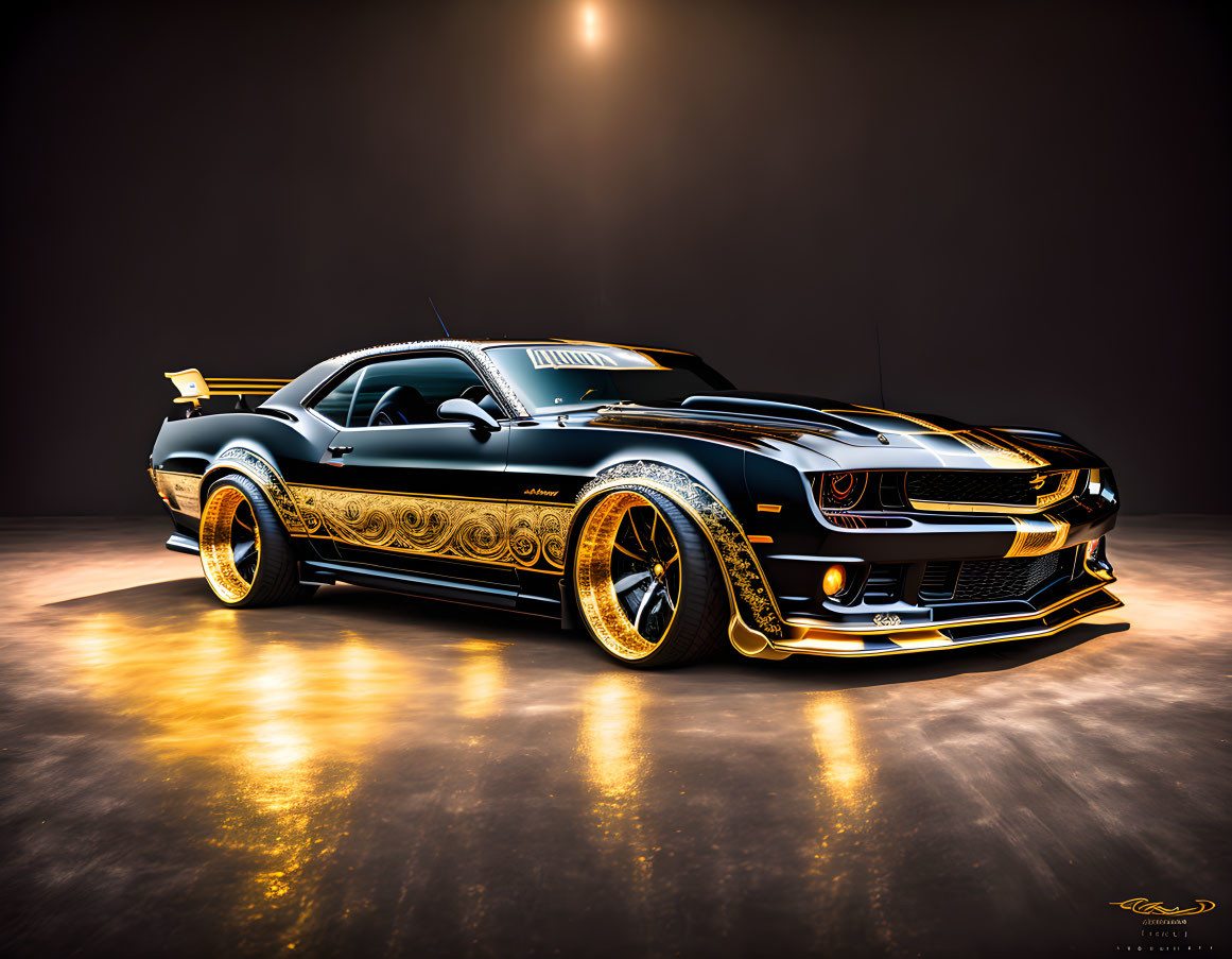 Customized Black and Gold Muscle Car with Racing Stripes and Aggressive Body Kit