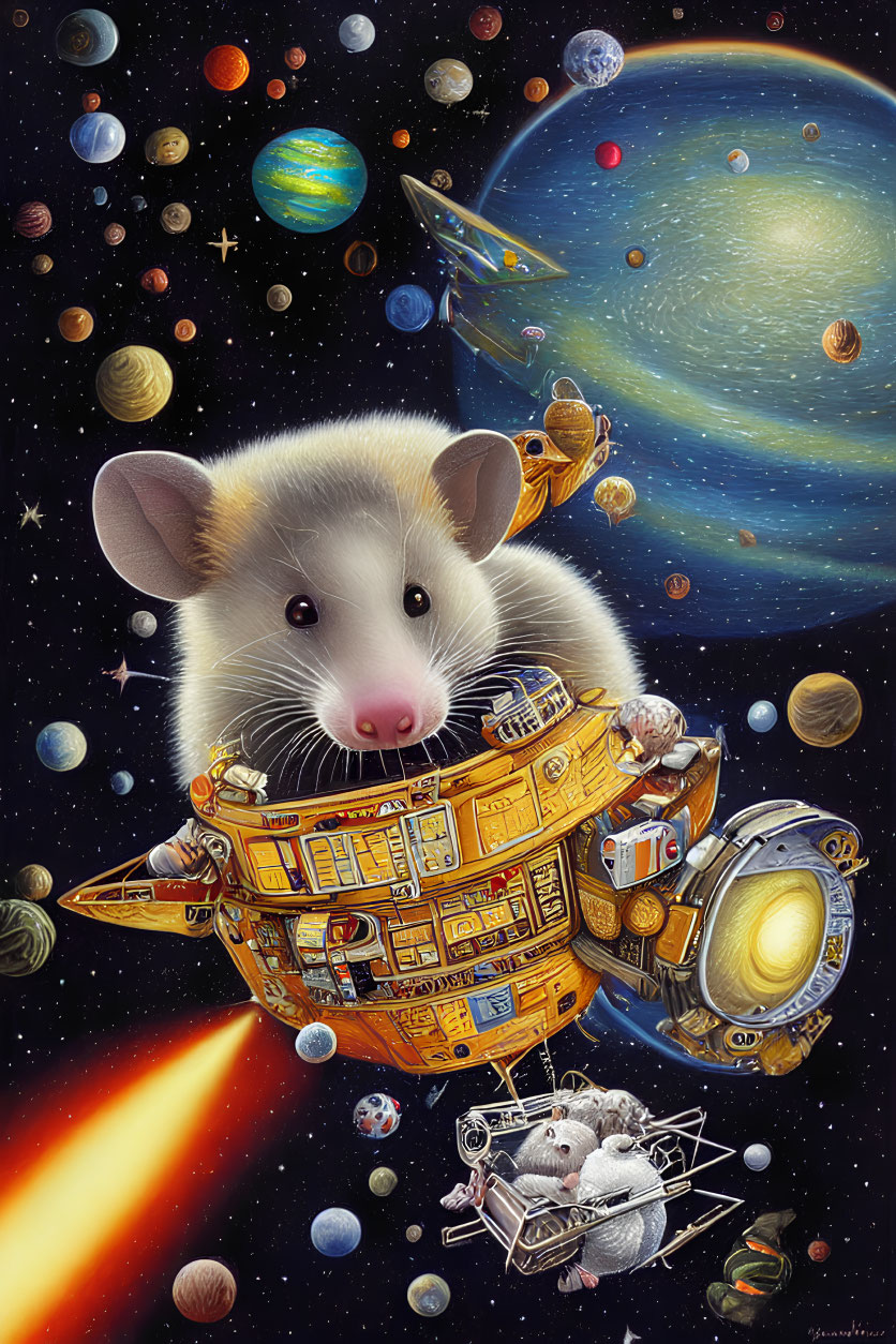 Illustration of mouse in cheese spaceship surrounded by planets and stars