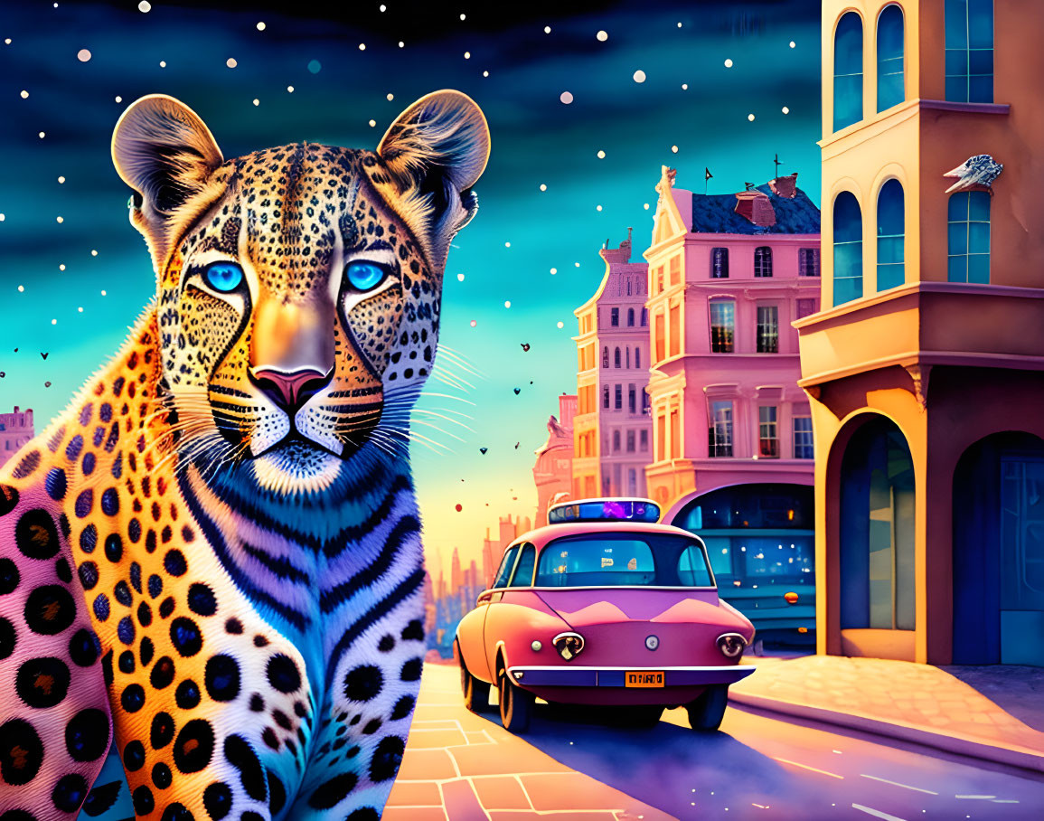 Colorful Leopard Head Over Night City Street with Snowflakes