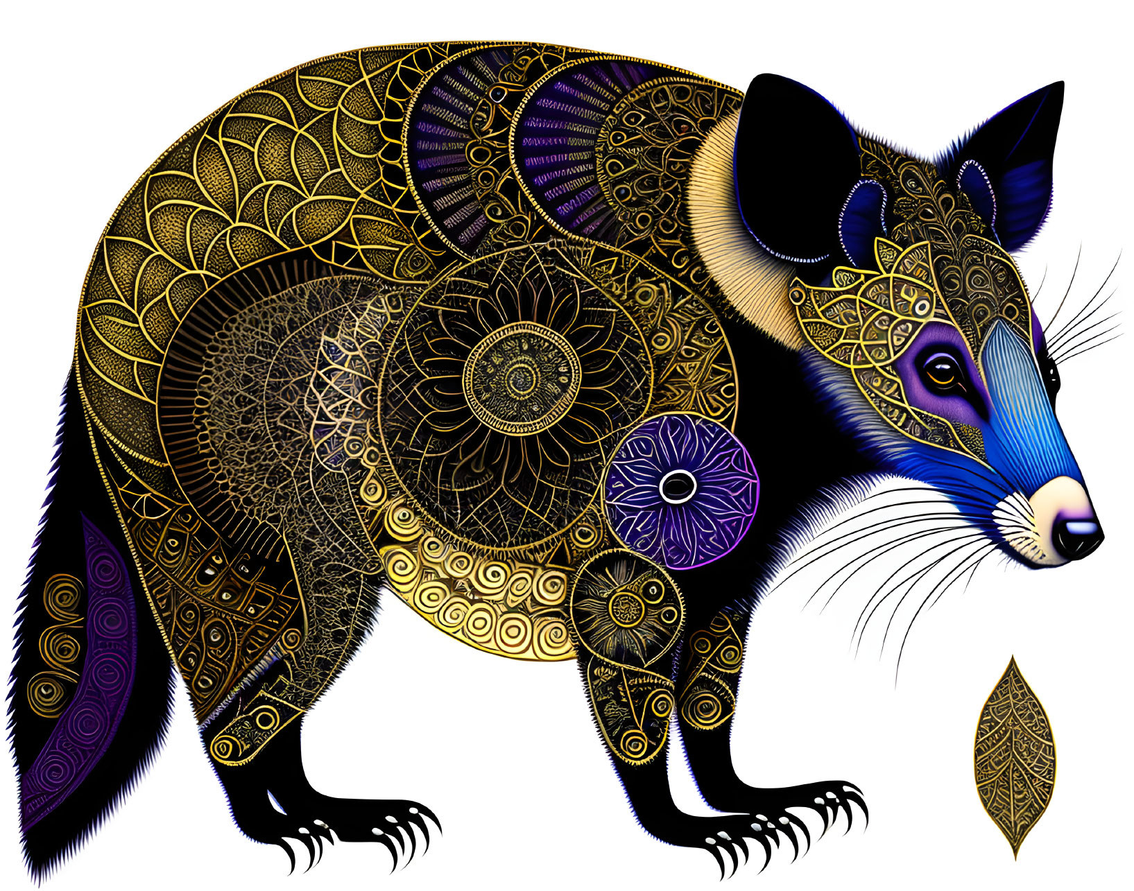 Intricate golden mandala designs on possum against black background