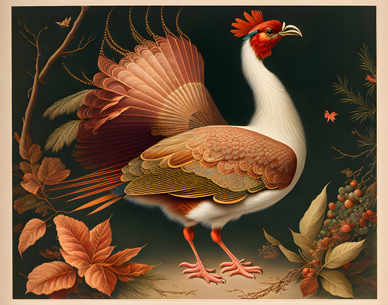 Vibrant plumage pheasant illustration in foliage with dark background