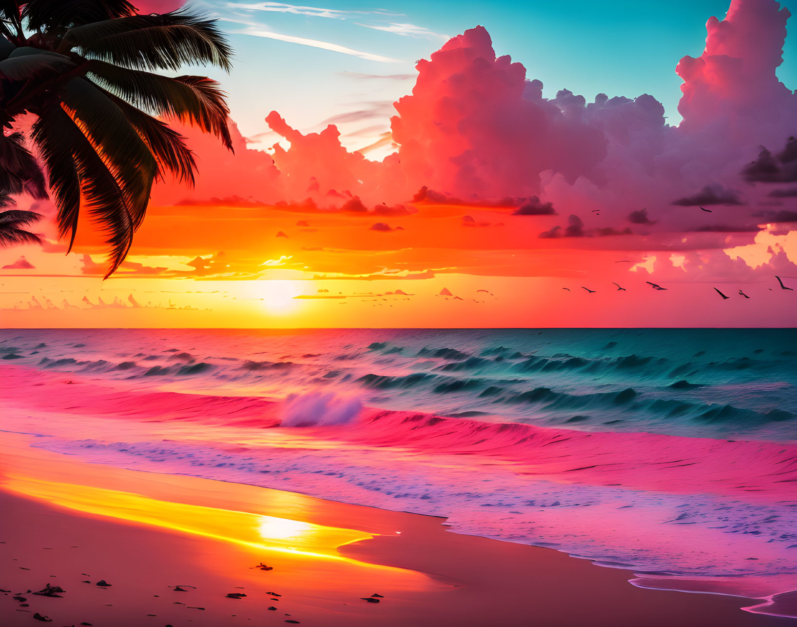 Scenic beach sunset with pink and orange hues, palm leaves silhouette, and flying birds