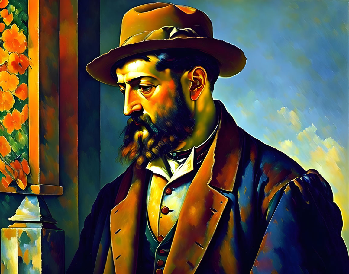 Colorful Portrait of Bearded Man in Hat and Overcoat