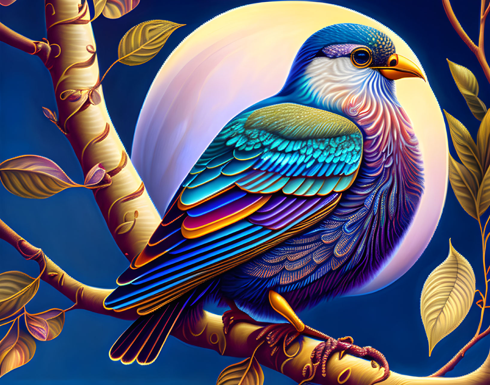 Colorful Bird Illustration Perched on Branch Under Full Moon