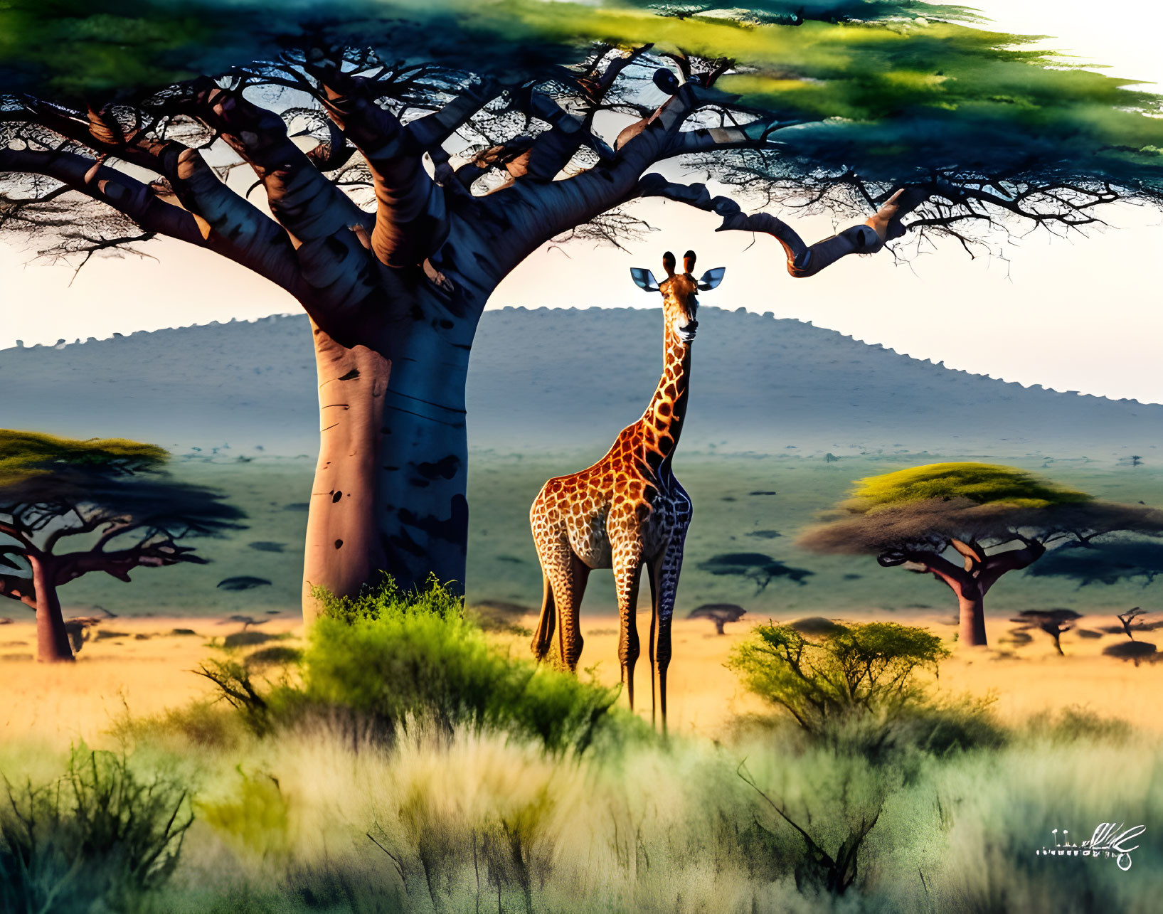 Giraffe in Savannah with Baobab Trees and Grasses