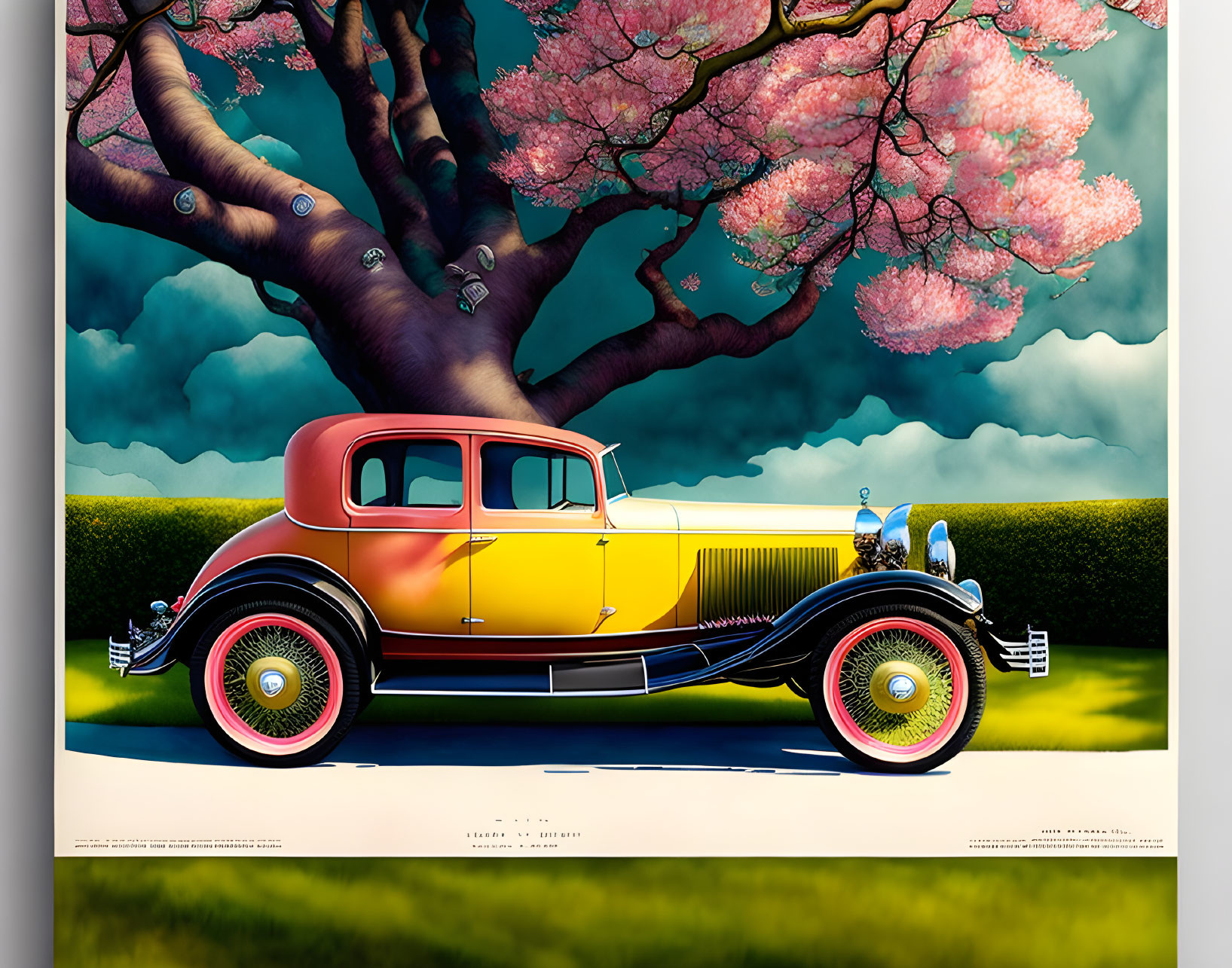 Vintage Car with Colorful Wheels Parked Under Cherry Blossom Tree in Surreal Landscape