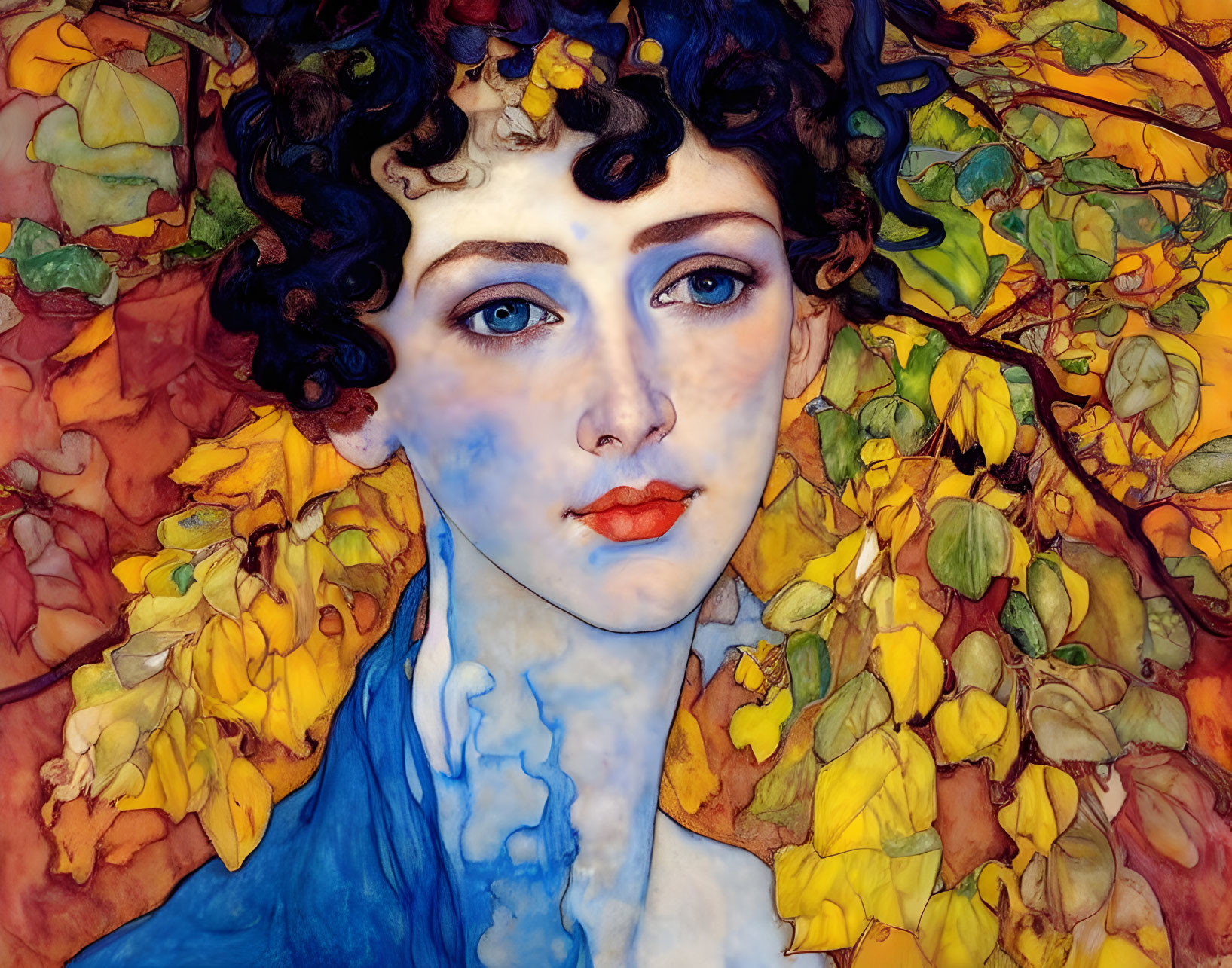 Woman with Curly Hair Among Colorful Autumn Leaves in Blue and Gold Palette