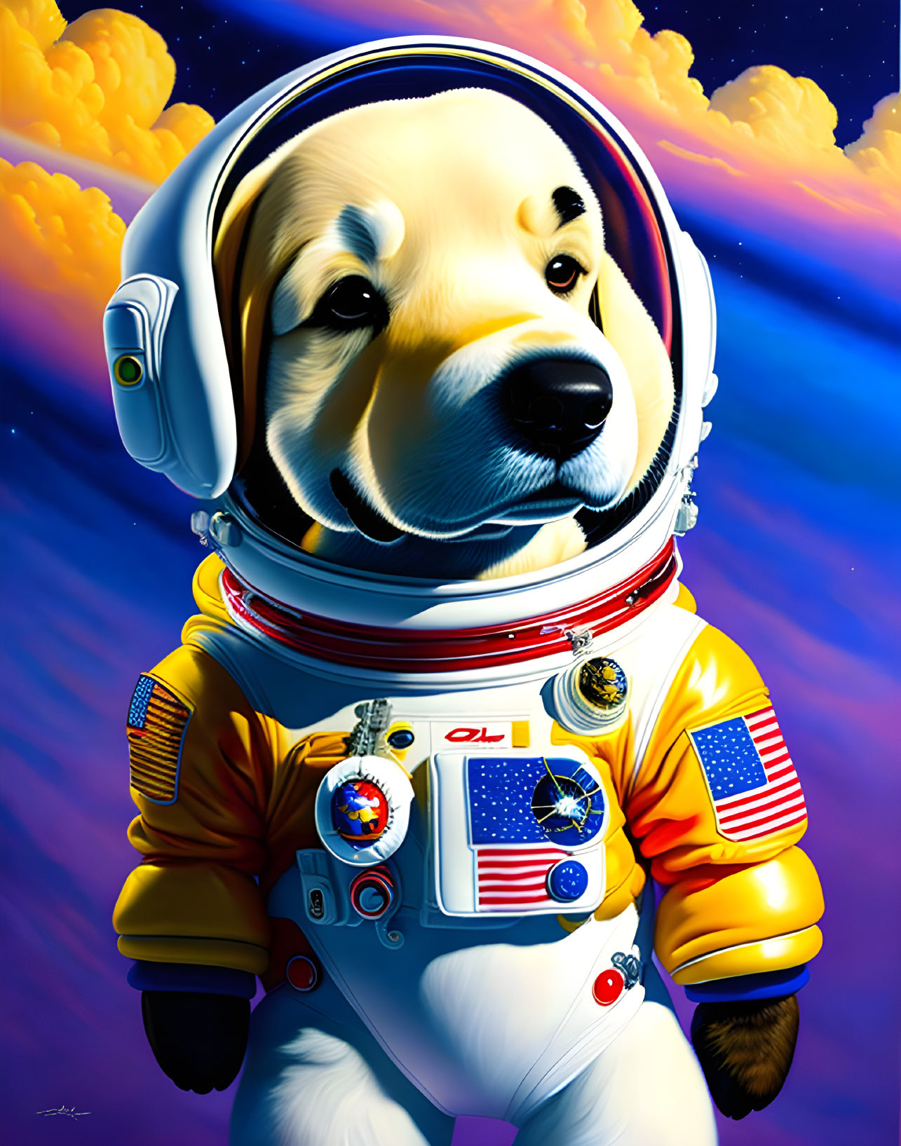 Dog in astronaut suit against starry sky and clouds